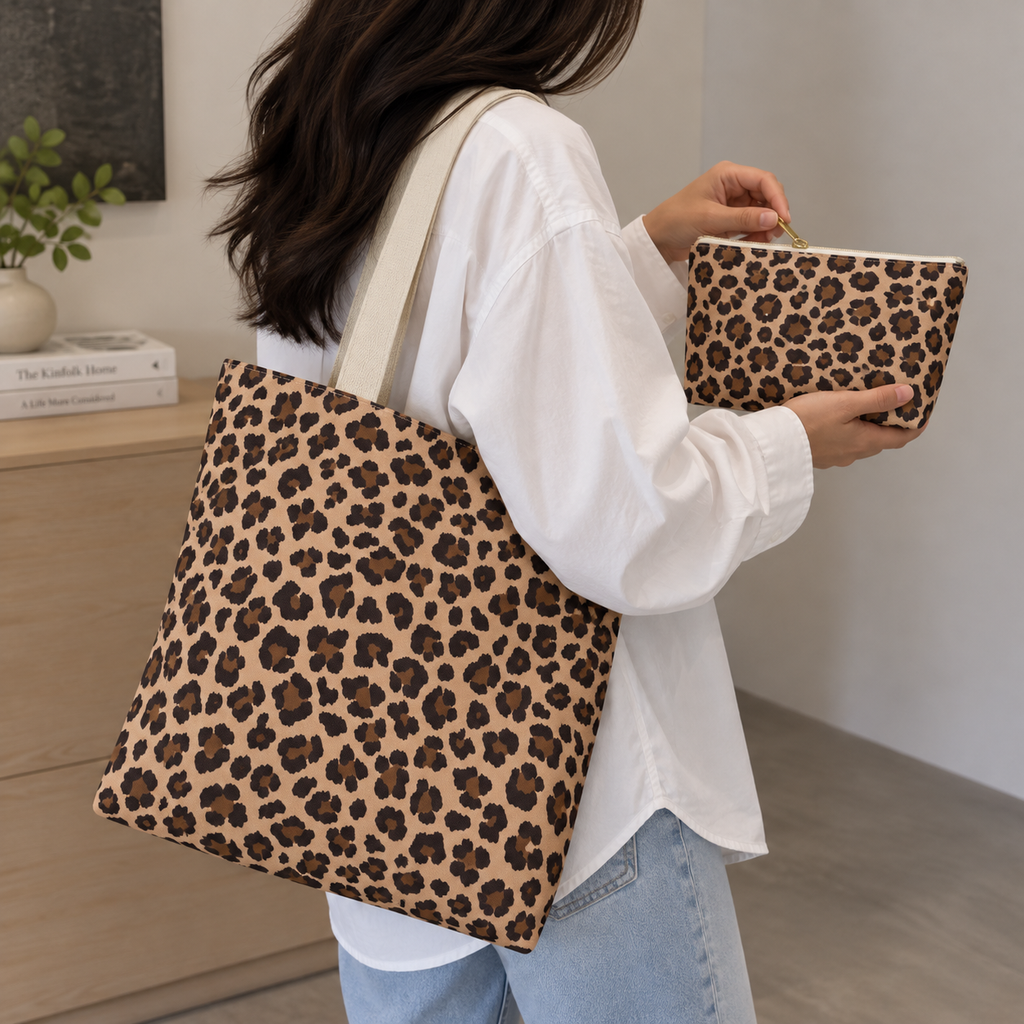 Model carrying the leopard print tote bag while holding the matching brown makeup bag