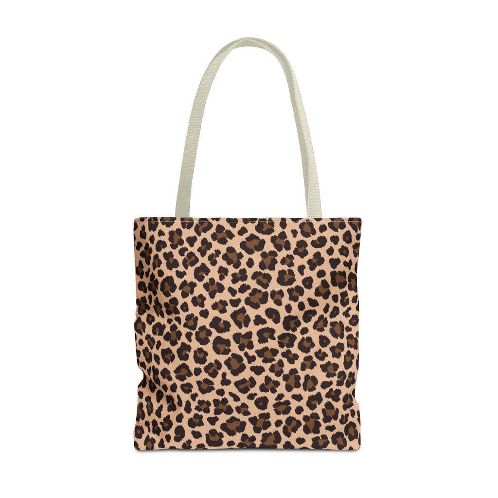 Brown Leopard Print Tote Bag with brown spots on a tan background, front view