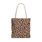 Brown Leopard Print Tote Bag with brown spots on a tan background, front view