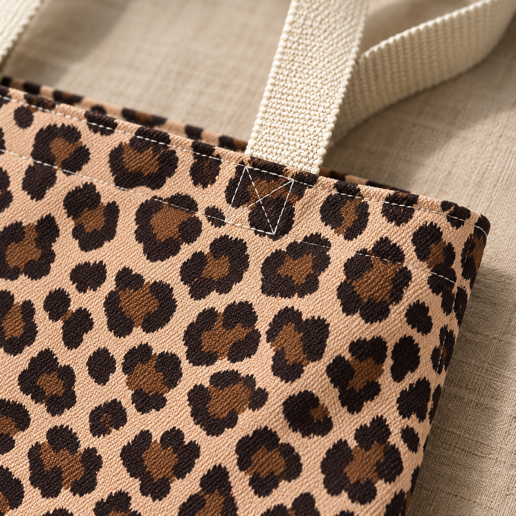 Close-up of the brown leopard print rosettes and cream handle of the tote bag