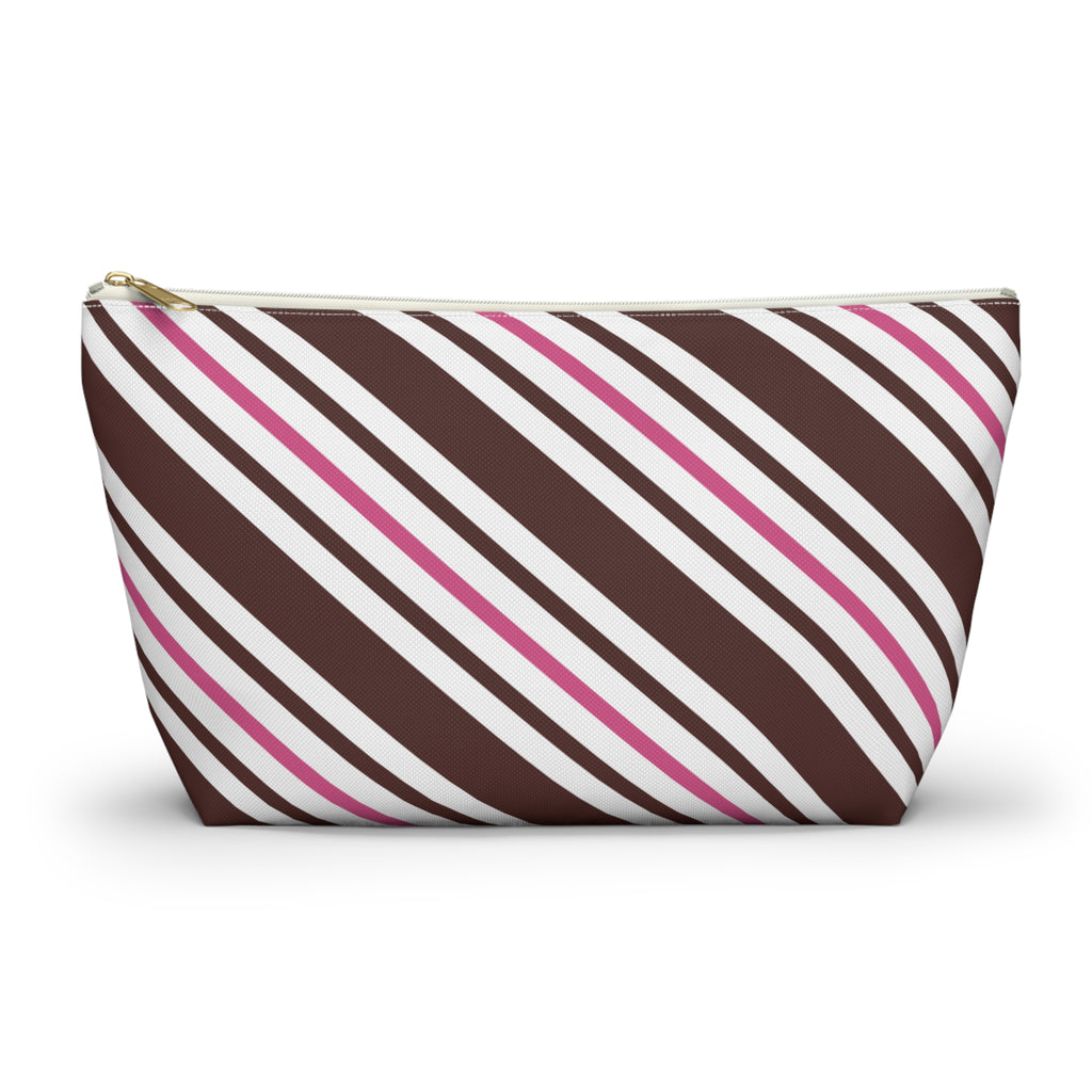 Brown pink diagonal striped makeup bag with T-bottom and gold zipper pull, front view