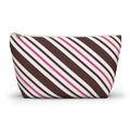 Brown pink diagonal striped makeup bag with T-bottom and gold zipper pull, front view