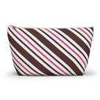 Brown pink diagonal striped makeup bag with T-bottom and gold zipper pull, front view