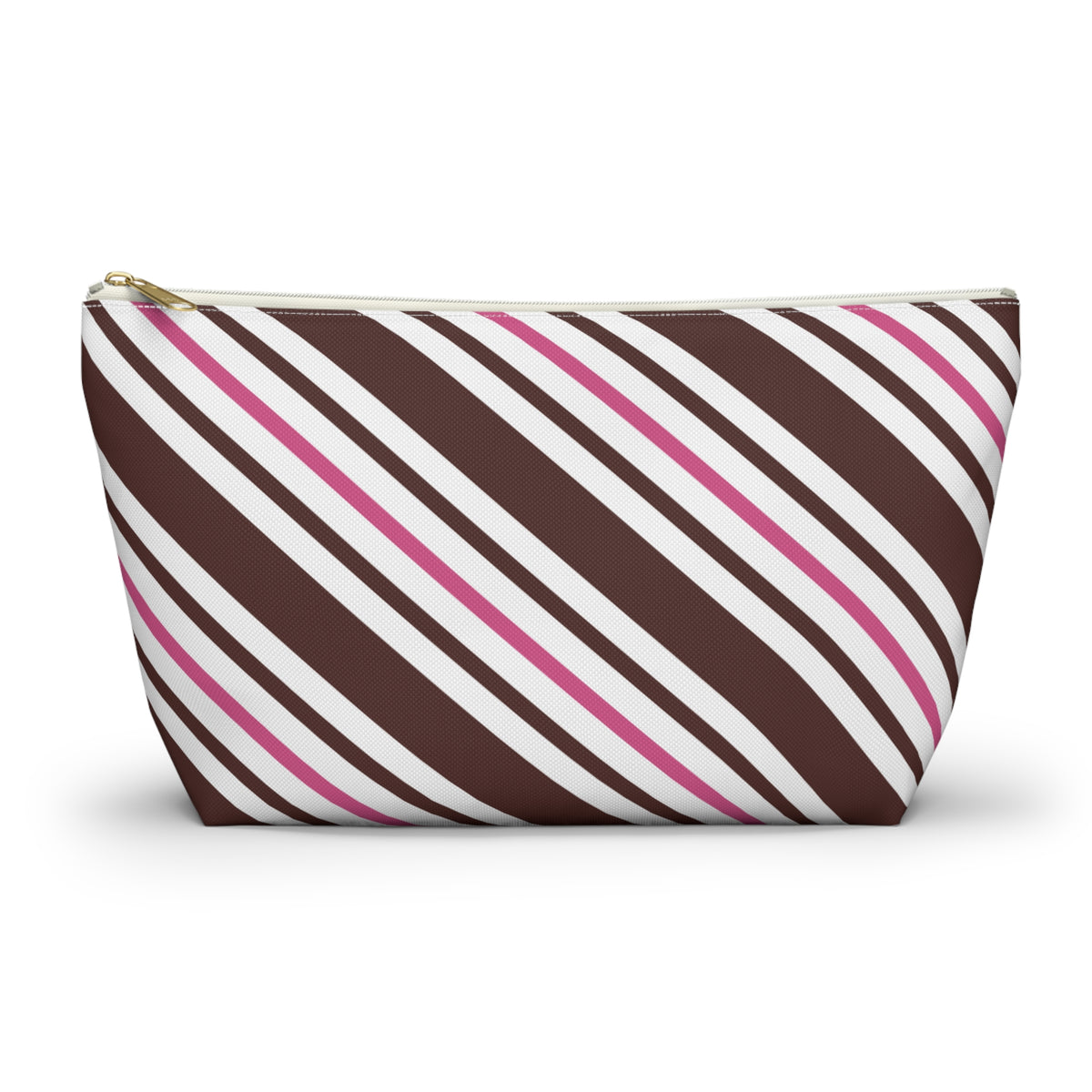 Brown pink diagonal striped makeup bag with T-bottom and gold zipper pull, front view