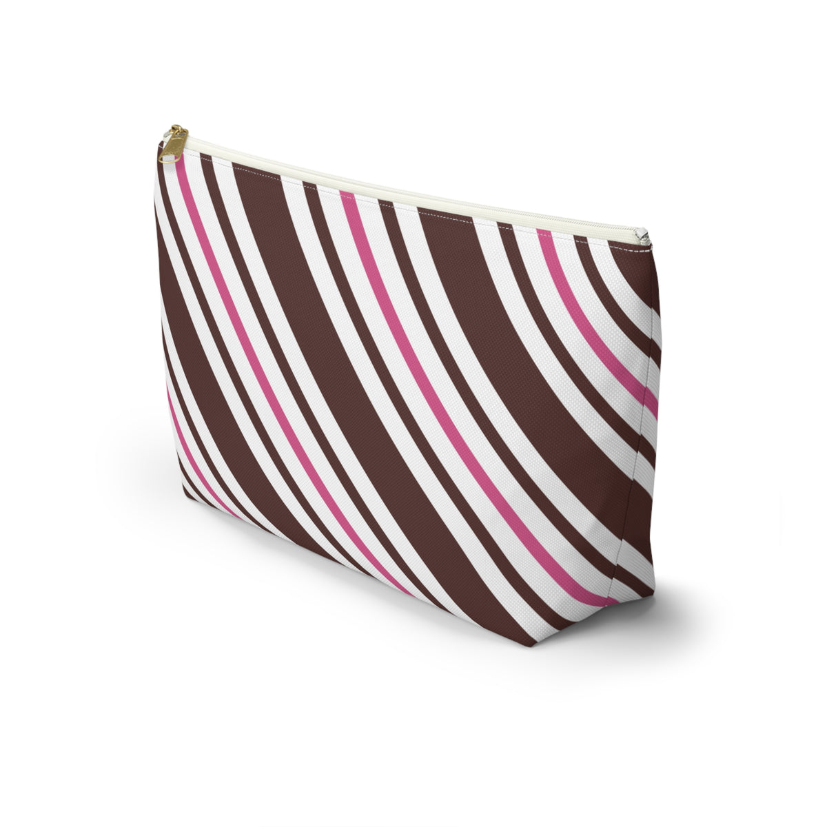 Side view of the brown pink diagonal striped makeup bag standing on a white background