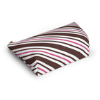 Brown pink diagonal striped makeup bag lying on its side showing the stripe pattern