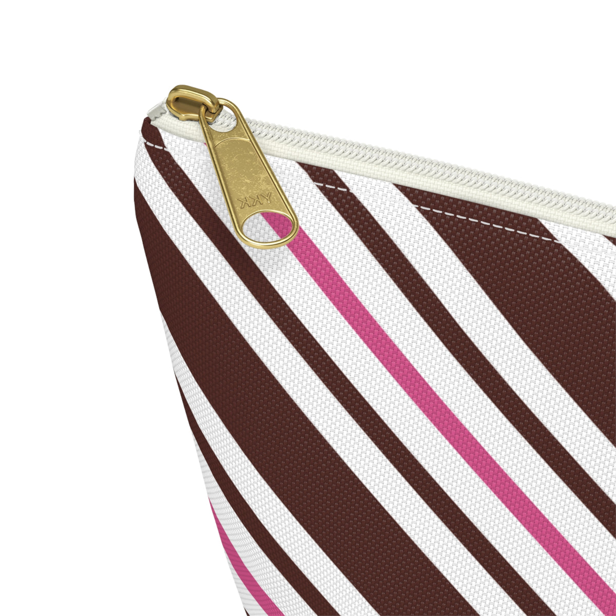 Close-up of the gold zipper pull and diagonal stripes on the brown pink makeup bag