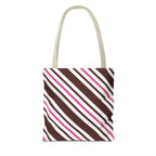 Brown pink diagonal striped tote bag with beige handles, front view on white background