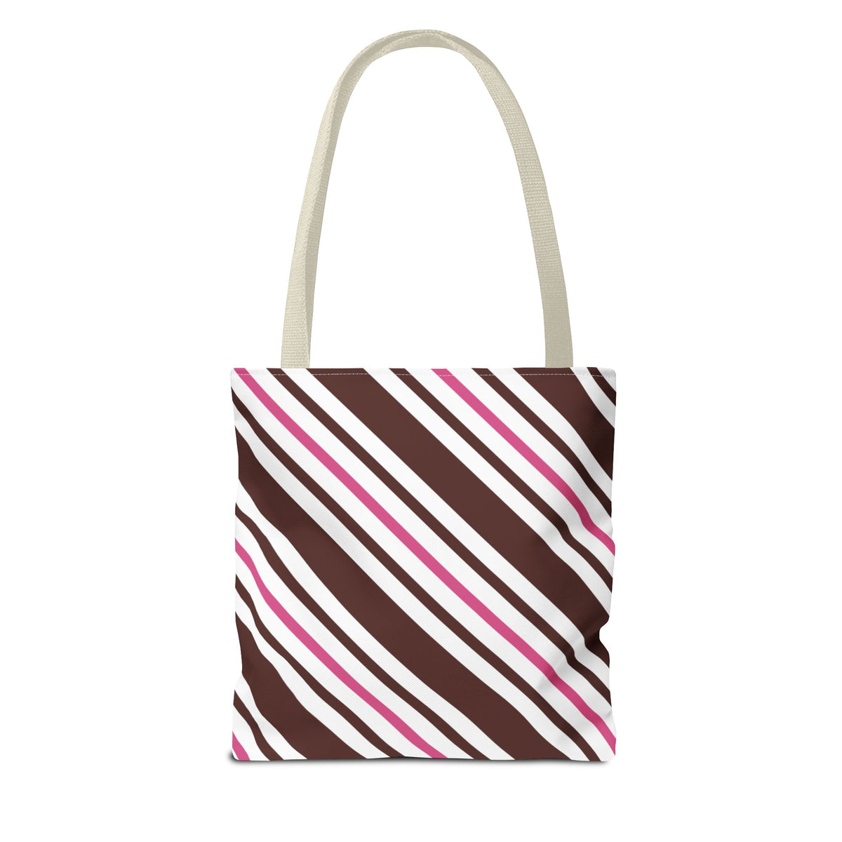 Brown pink diagonal striped tote bag with beige handles, front view on white background