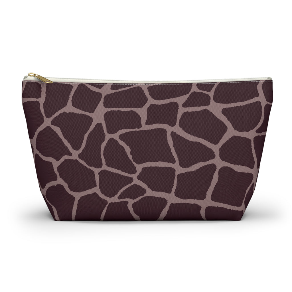 Brown Pink Giraffe Print Makeup Bag with gold zipper, front packshot