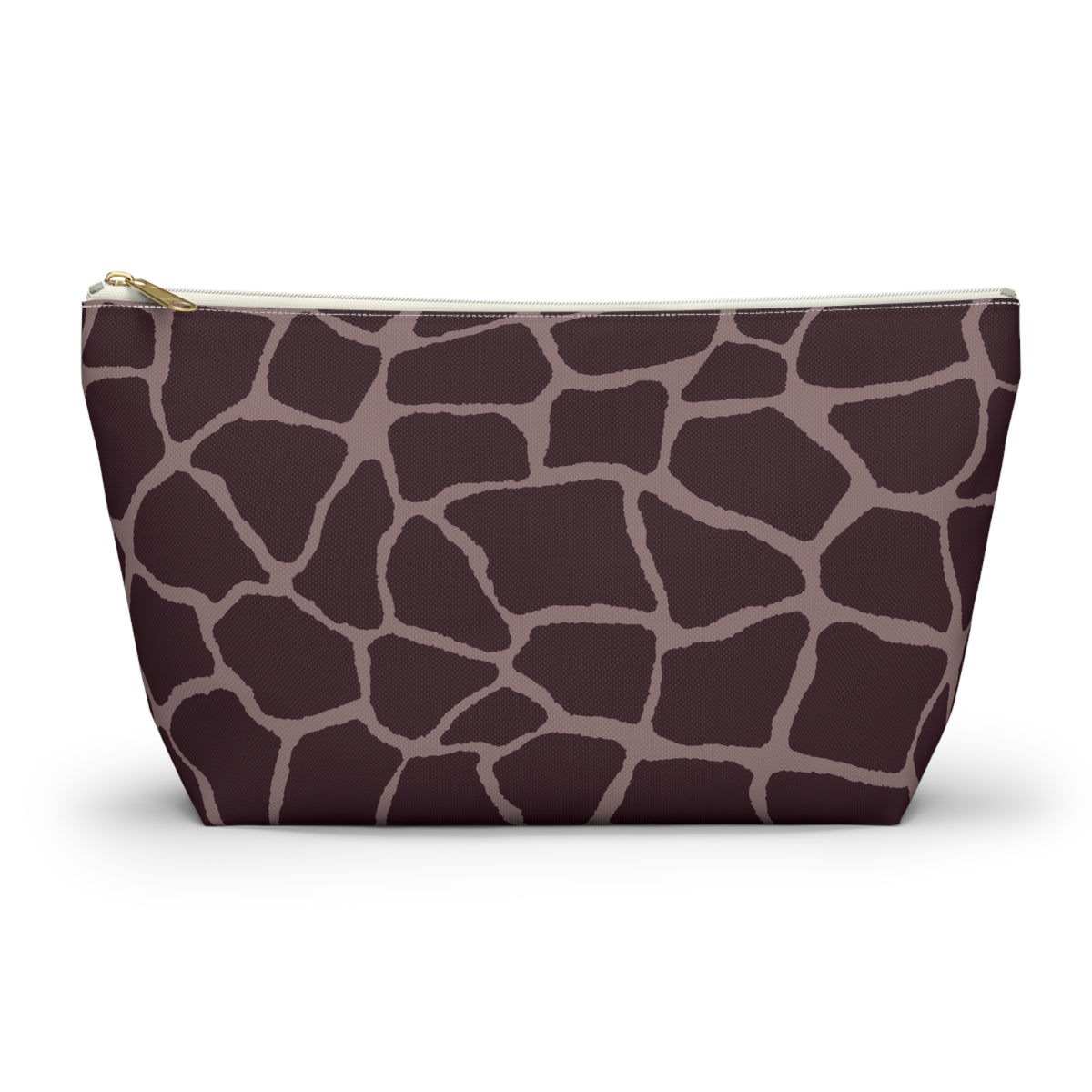 Brown Pink Giraffe Print Makeup Bag with gold zipper, front packshot