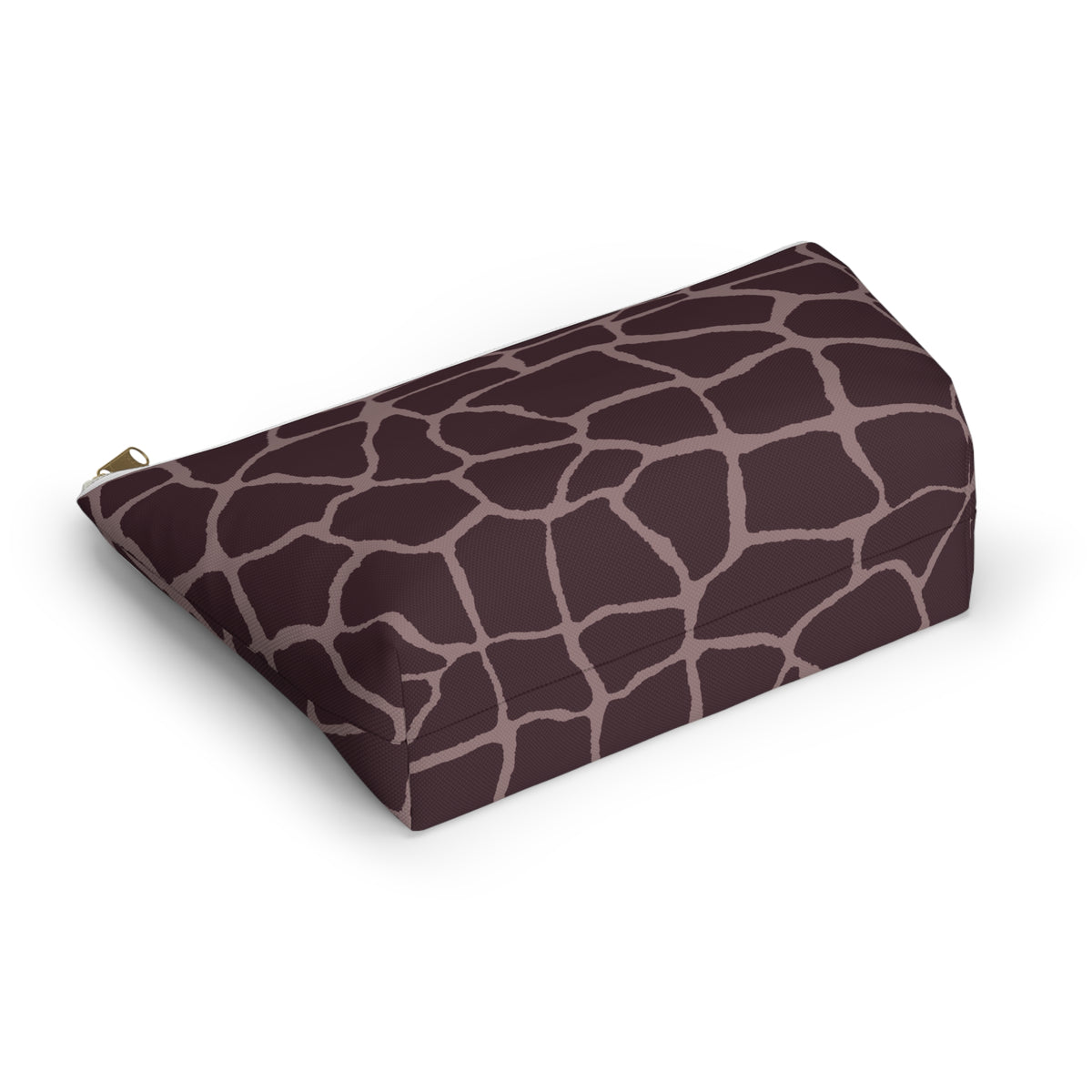 Brown pink giraffe print makeup bag lying flat showing the T-bottom shape
