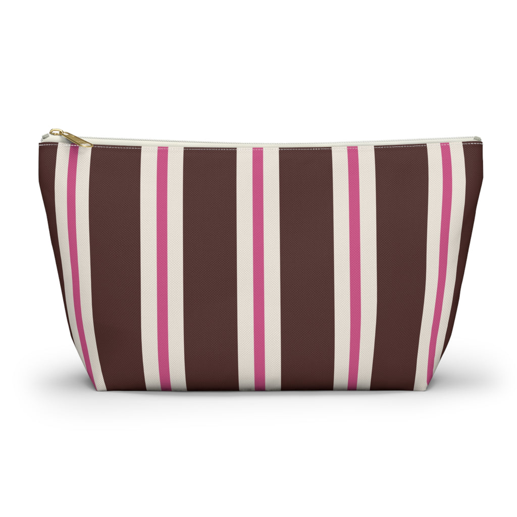 Brown pink striped makeup bag with T-bottom and gold zipper pull, front view