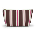 Brown pink striped makeup bag with T-bottom and gold zipper pull, front view