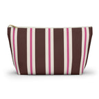 Brown pink striped makeup bag with T-bottom and gold zipper pull, front view