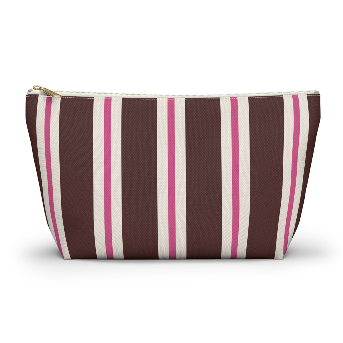 Brown pink striped makeup bag with T-bottom and gold zipper pull, front view