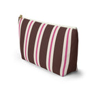 Side view of the brown pink striped makeup bag standing on a white background