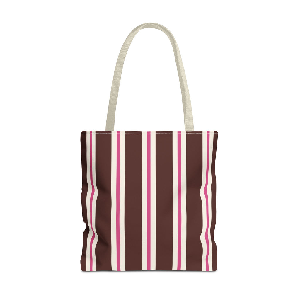 Brown pink striped tote bag with beige handles, front view on white background