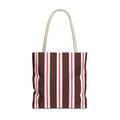 Brown pink striped tote bag with beige handles, front view on white background