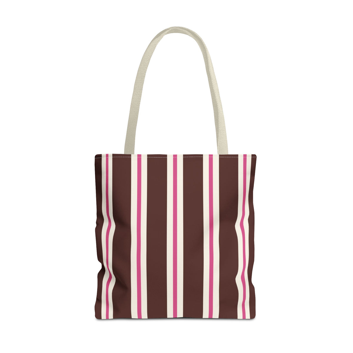 Brown pink striped tote bag with beige handles, front view on white background