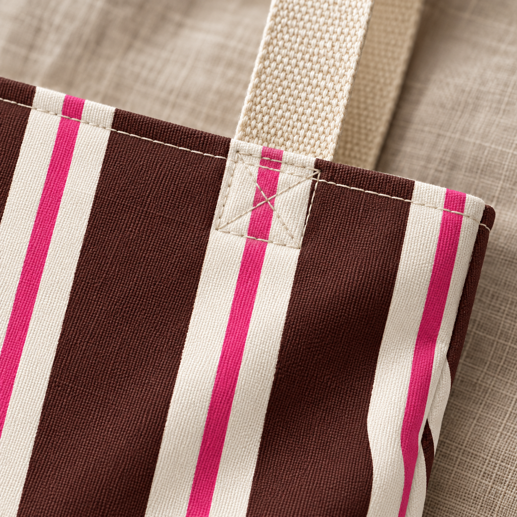 Close-up of the brown, pink and cream vertical stripes and the beige handle on the brown pink striped tote bag