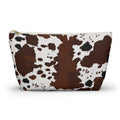 Brown White Cow Print Makeup Bag with gold zipper, front packshot