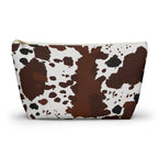 Brown White Cow Print Makeup Bag with gold zipper, front packshot