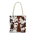 Brown White Cow Print Tote Bag with cream handles, front packshot