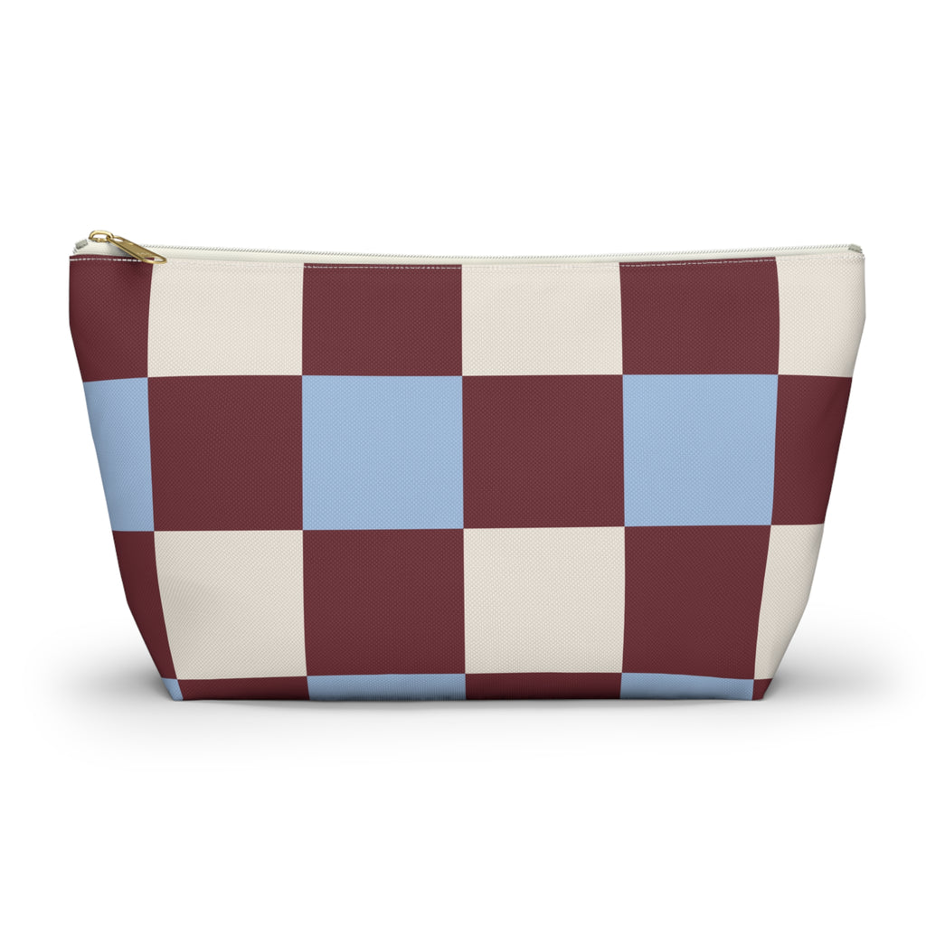 Burgundy blue cream checkered makeup bag with T-bottom and gold zipper pull, front view