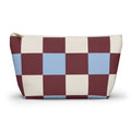 Burgundy blue cream checkered makeup bag with T-bottom and gold zipper pull, front view