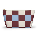 Burgundy blue cream checkered makeup bag with T-bottom and gold zipper pull, front view