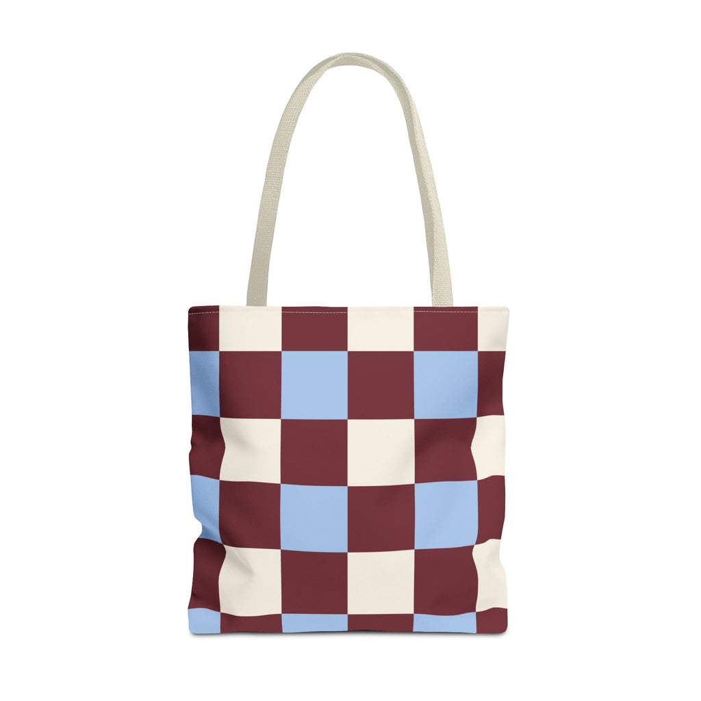 Burgundy blue cream checkered tote bag with beige handles, front view on white background