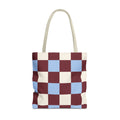 Burgundy blue cream checkered tote bag with beige handles, front view on white background