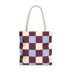 Burgundy blue cream checkered tote bag with beige handles, front view on white background