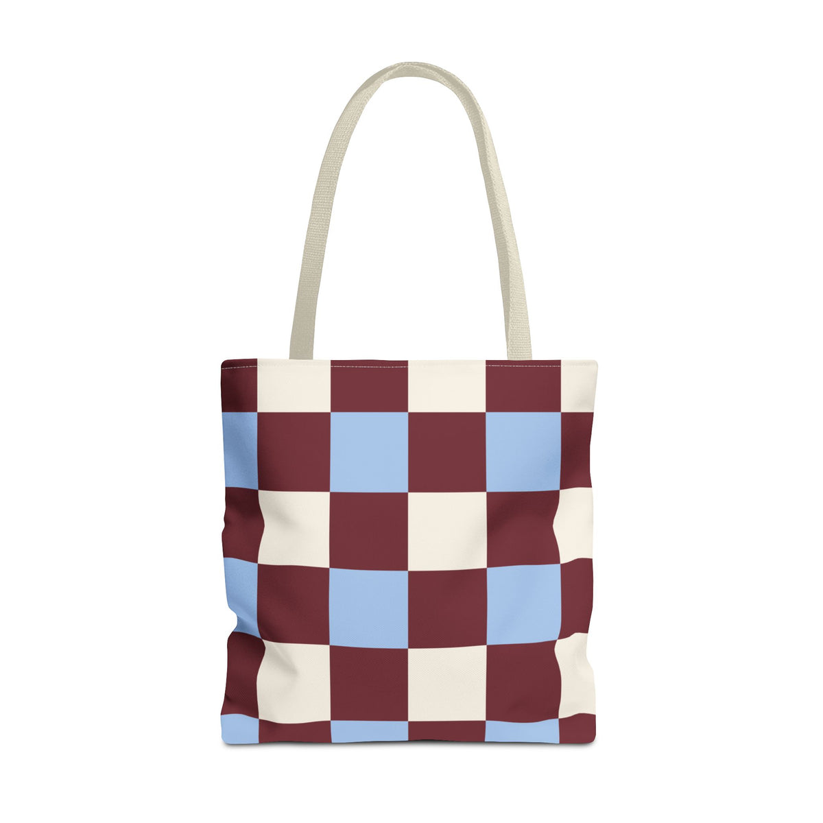 Burgundy blue cream checkered tote bag with beige handles, front view on white background
