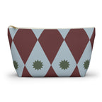 Burgundy blue diamond makeup bag with gold zipper pull, front view on white background