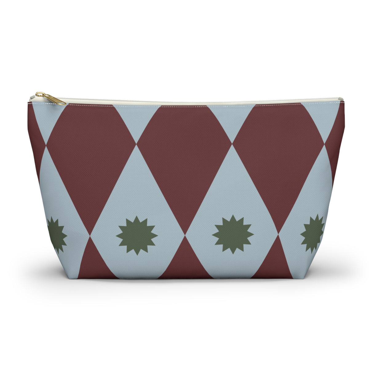 Burgundy blue diamond makeup bag with gold zipper pull, front view on white background