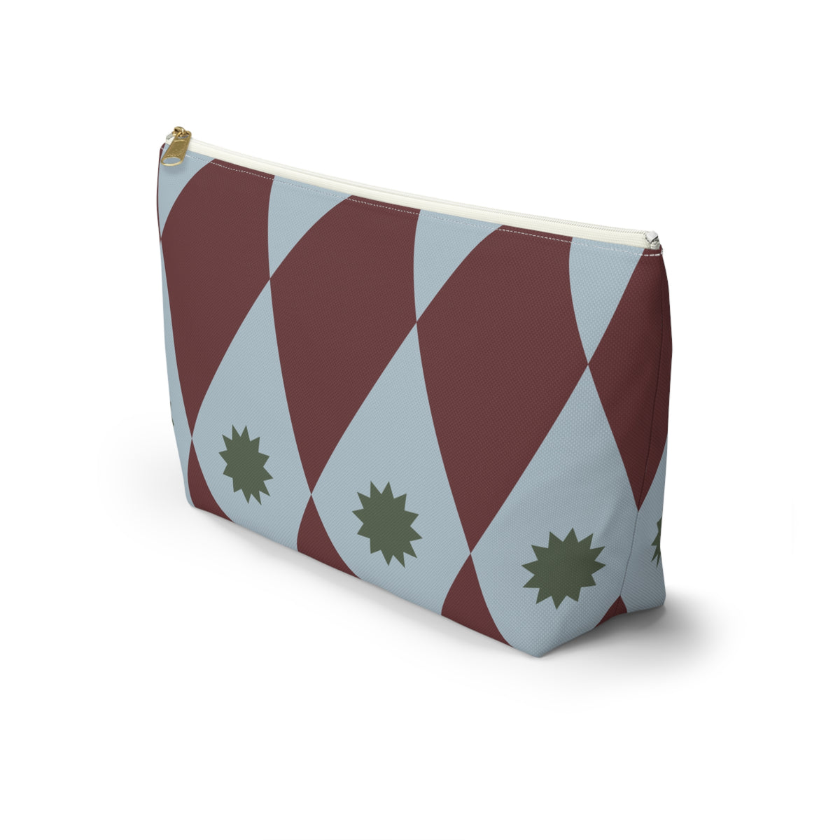 Side view of the diamond makeup bag in burgundy and powder blue with T-bottom shape
