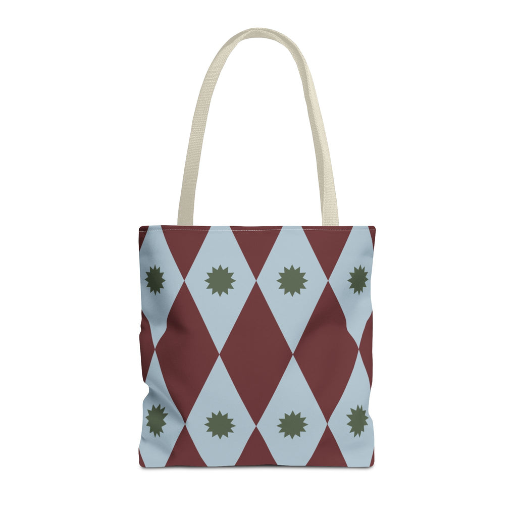 Burgundy blue diamond tote bag with green starbursts, front view on white background
