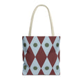 Burgundy blue diamond tote bag with green starbursts, front view on white background