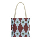 Burgundy blue diamond tote bag with green starbursts, front view on white background