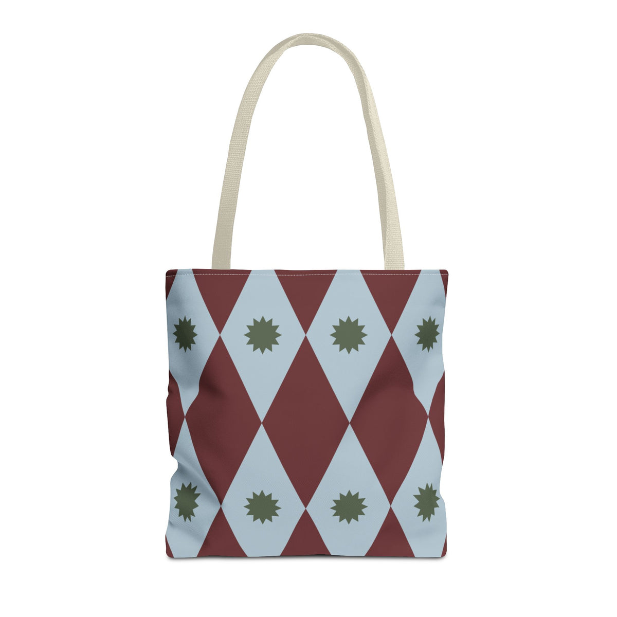Burgundy blue diamond tote bag with green starbursts, front view on white background