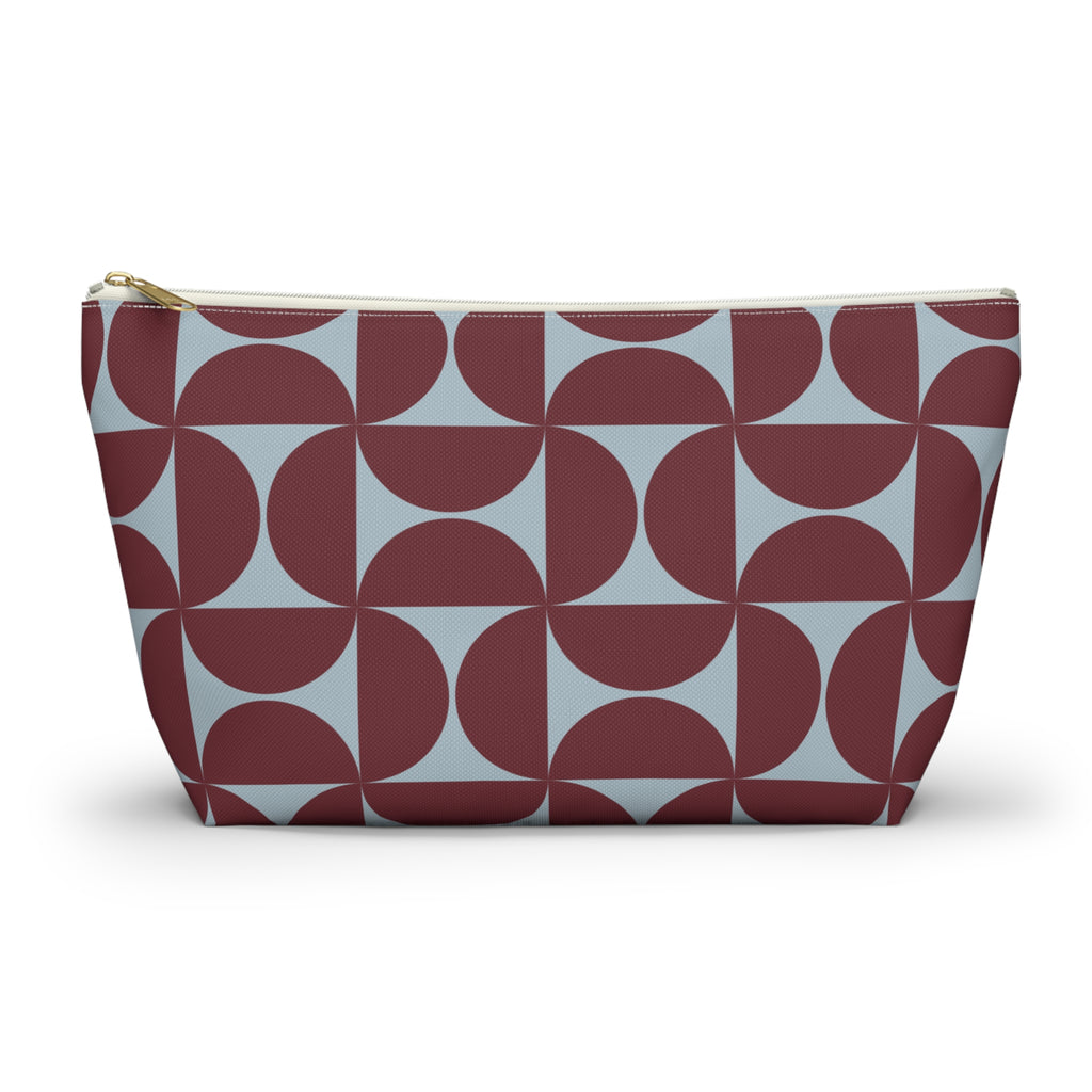 Burgundy blue geometric makeup bag with T-bottom shape seen from the front
