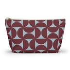 Burgundy blue geometric makeup bag with T-bottom shape seen from the front