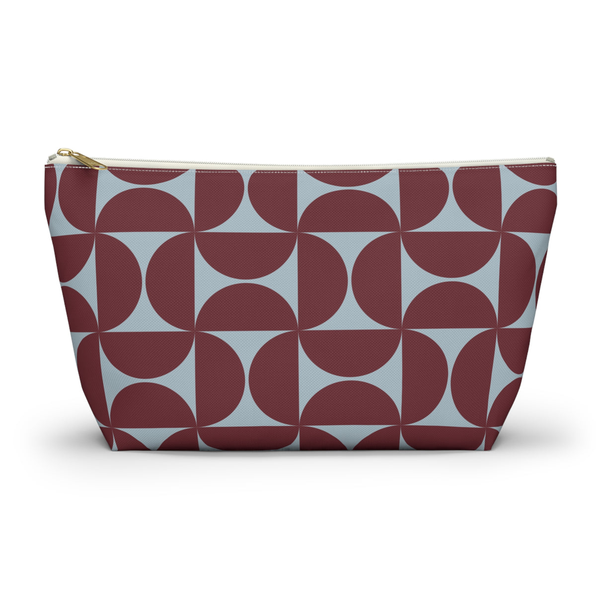 Burgundy blue geometric makeup bag with T-bottom shape seen from the front