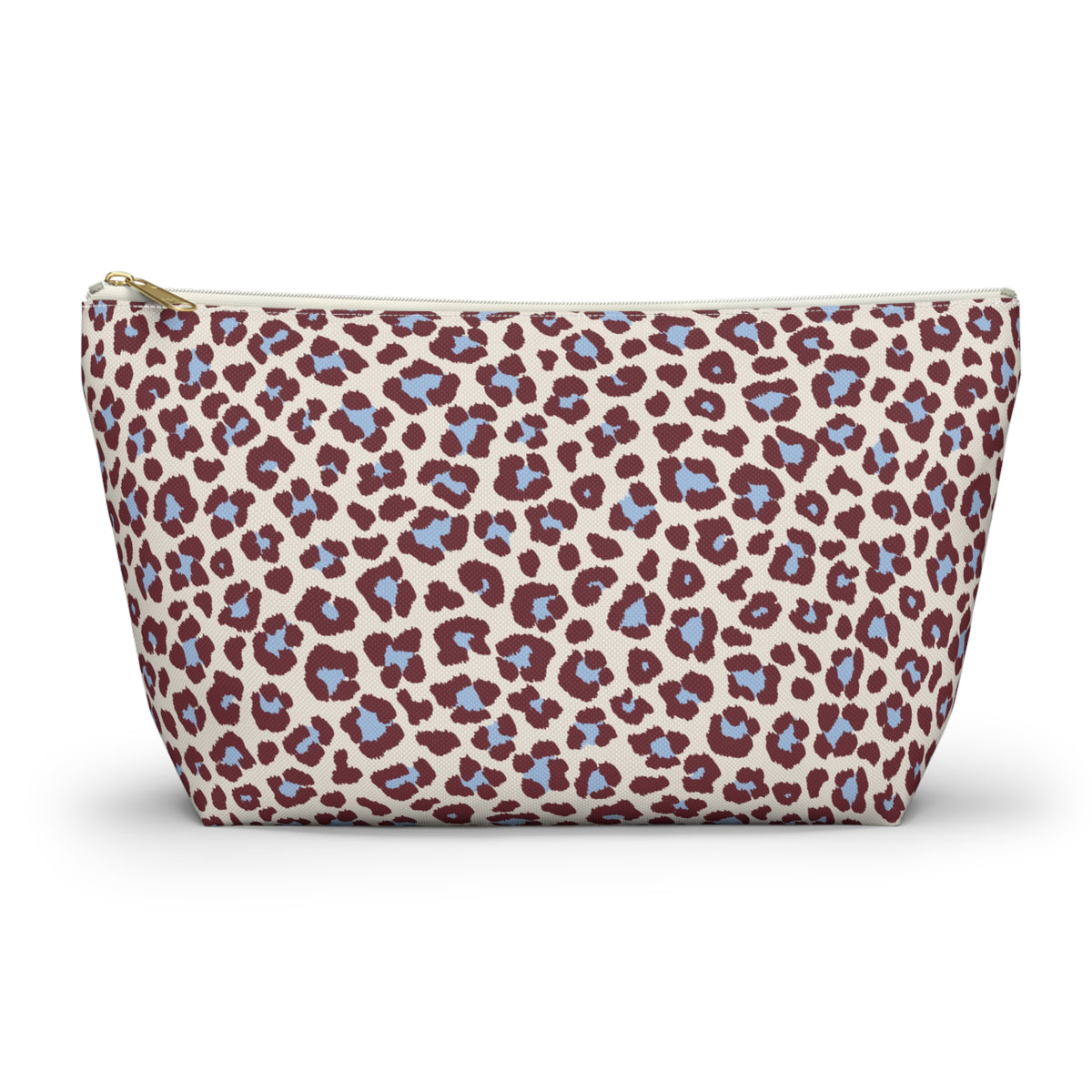 Burgundy Blue Leopard Print Makeup Bag with burgundy and blue spots on blush pink, front view