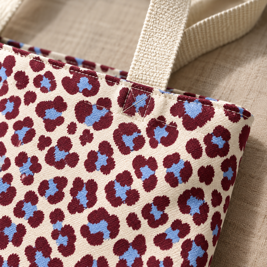 Close-up of the burgundy and blue leopard print rosettes and cream handle of the tote bag