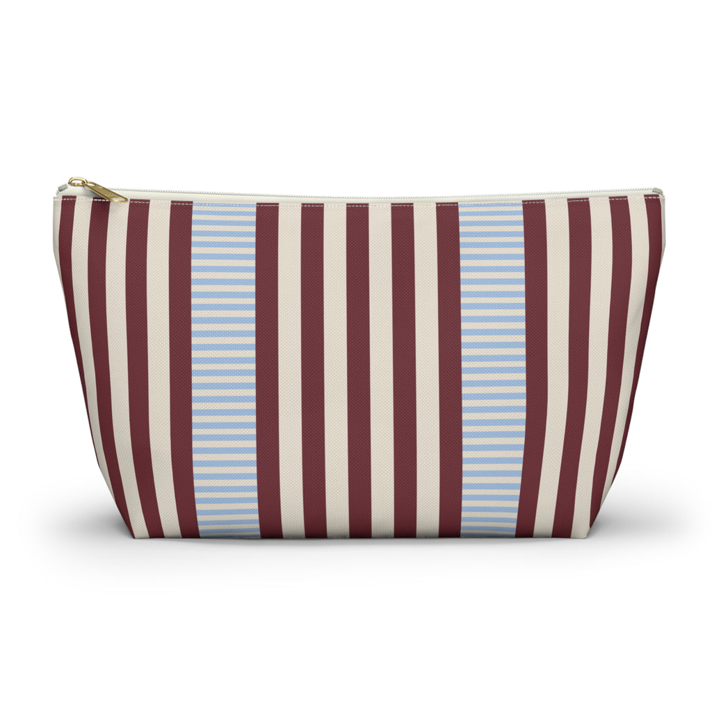 Burgundy blue pinstripe makeup bag with T-bottom and gold zipper pull, front view