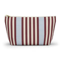 Burgundy blue pinstripe makeup bag with T-bottom and gold zipper pull, front view