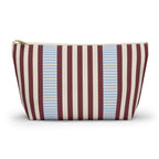 Burgundy blue pinstripe makeup bag with T-bottom and gold zipper pull, front view